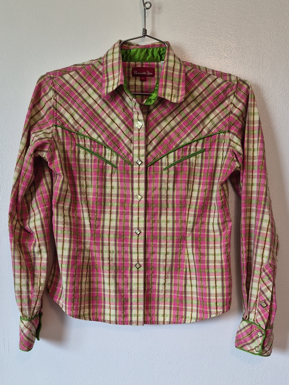 Western Rodeo Style Pearl Snap Metallic Thread Shirt Cotton Medium